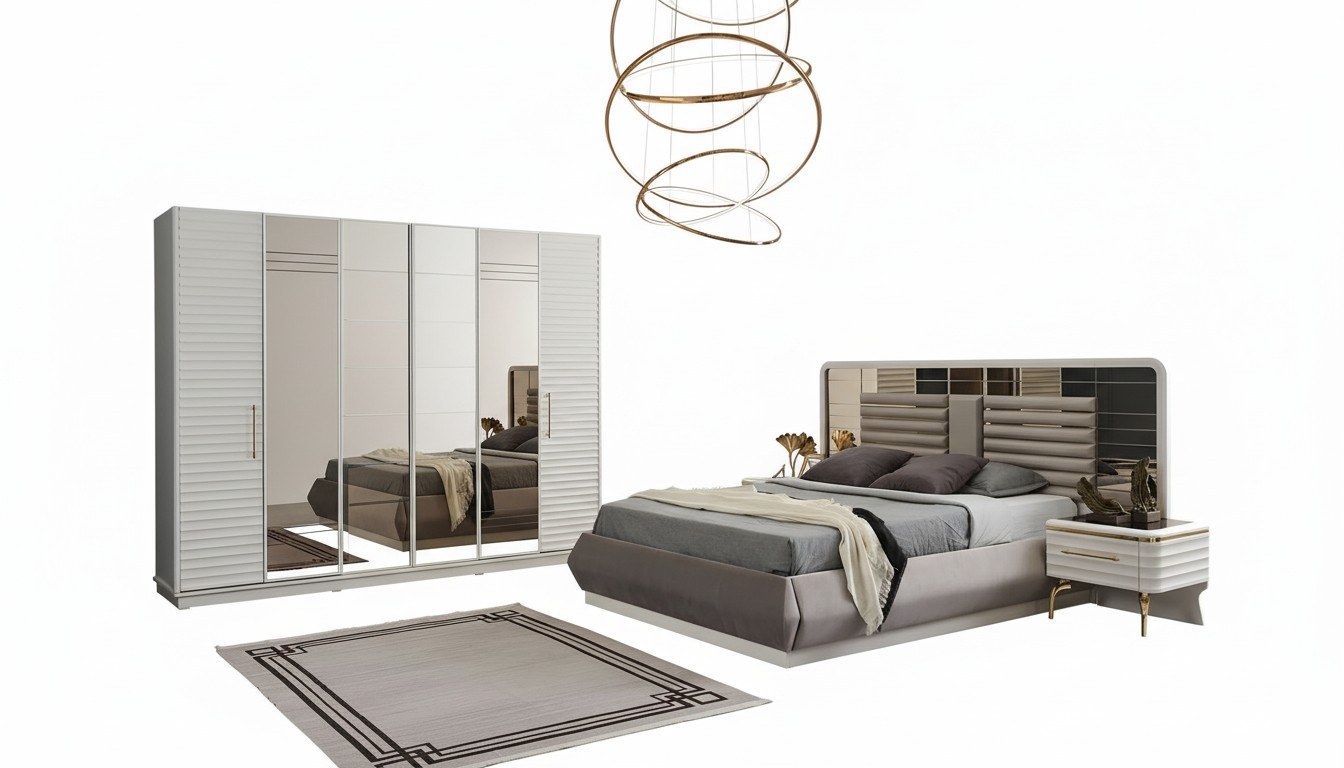 Modernes Doppelbett 2x Nachttische Kleiderschrank Schlafzimmer Set 4tlg
