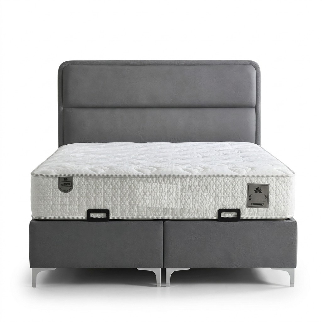 Modernes graues Bett mit Matratze aus Textil und Holz