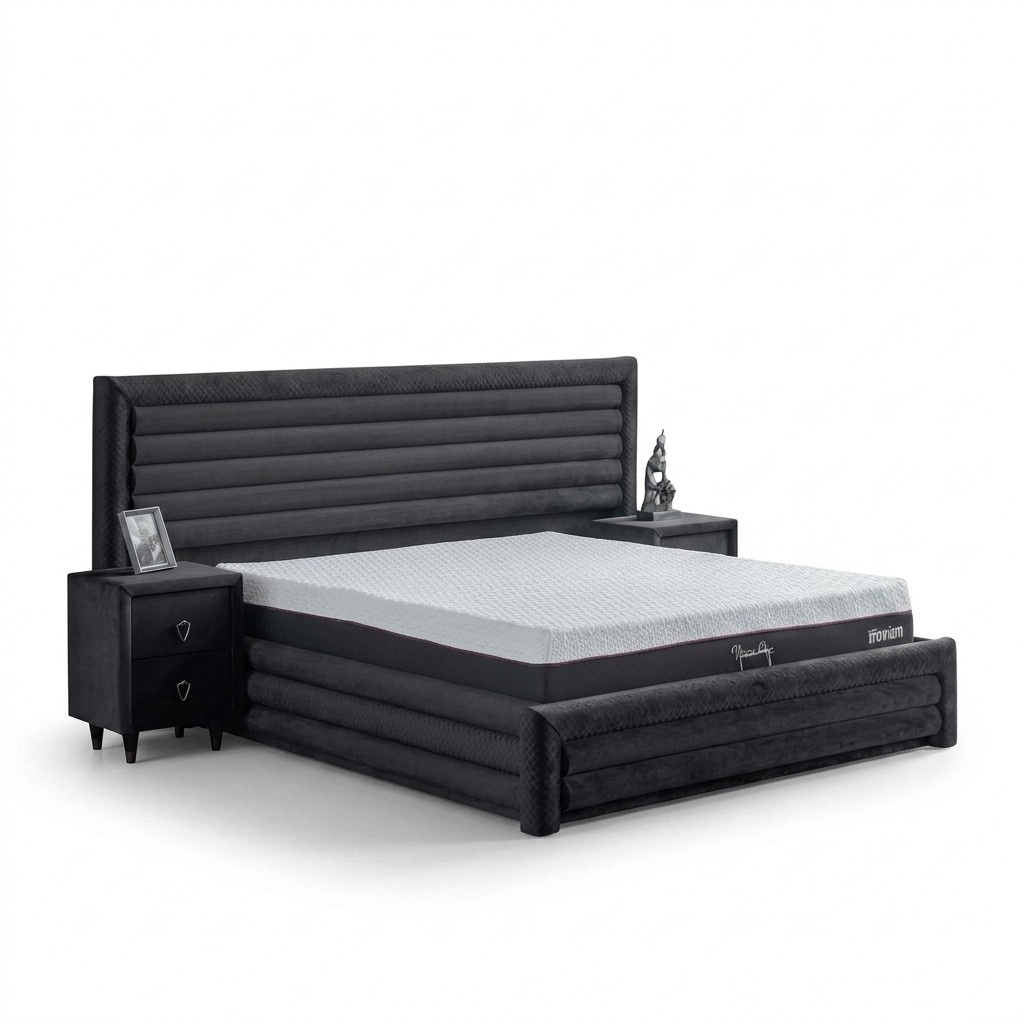 Modernes Graues Schlafzimmer Set Doppelbett 2x Holz Nachttische 3tlg Set