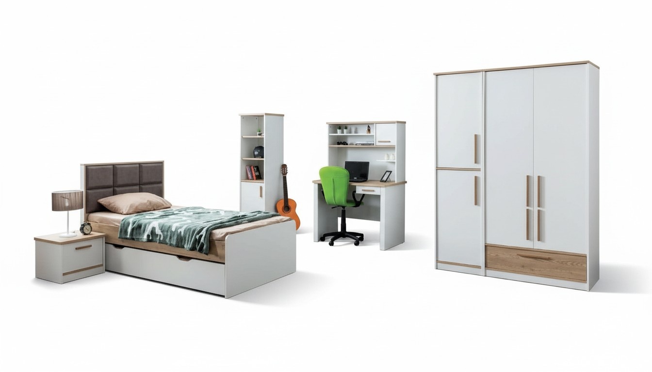 Modernes Jugendzimmer Set Bett Nachttisch Bücherregal Tisch 5tlg.