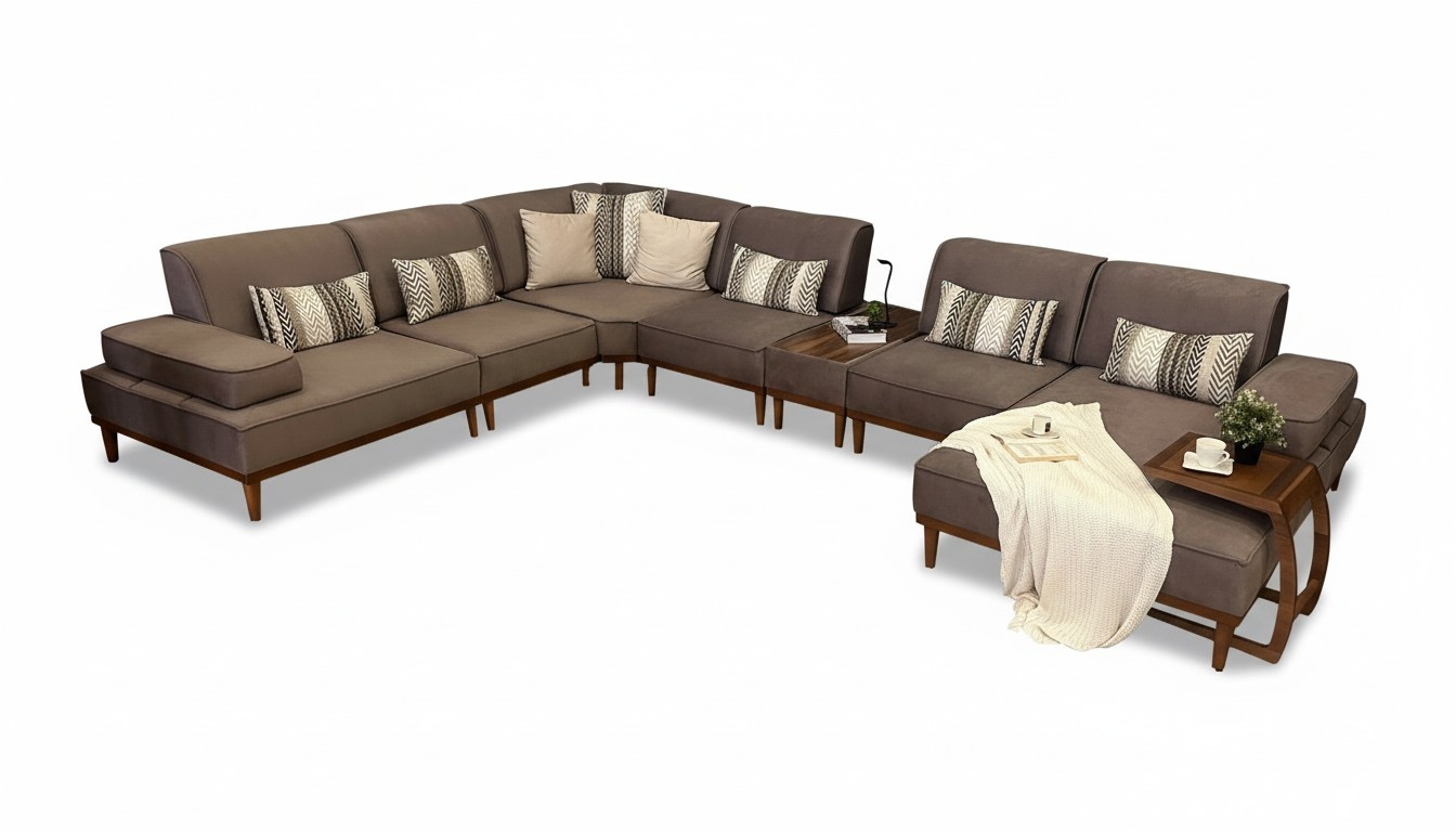 Modernes Polster Ecksofa U-Form Braun Stoff mit Couchtisch für Wohnzimmer