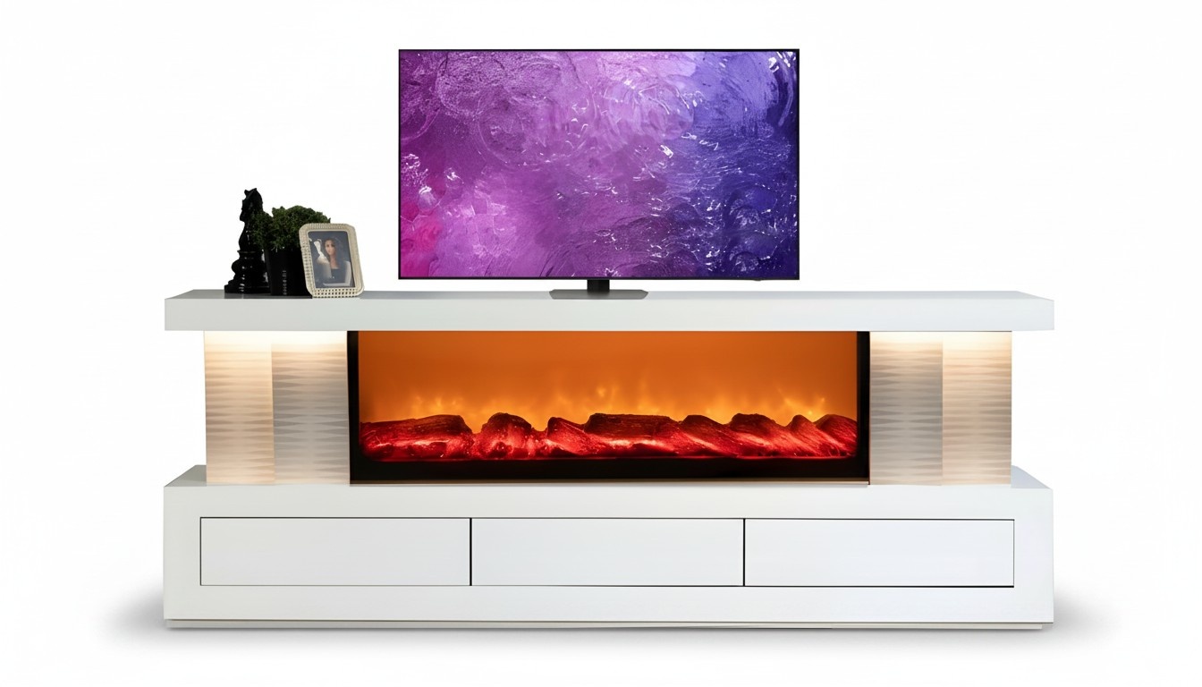 Modernes TV-Lowboard mit integriertem Kamin und Stauraumfächern