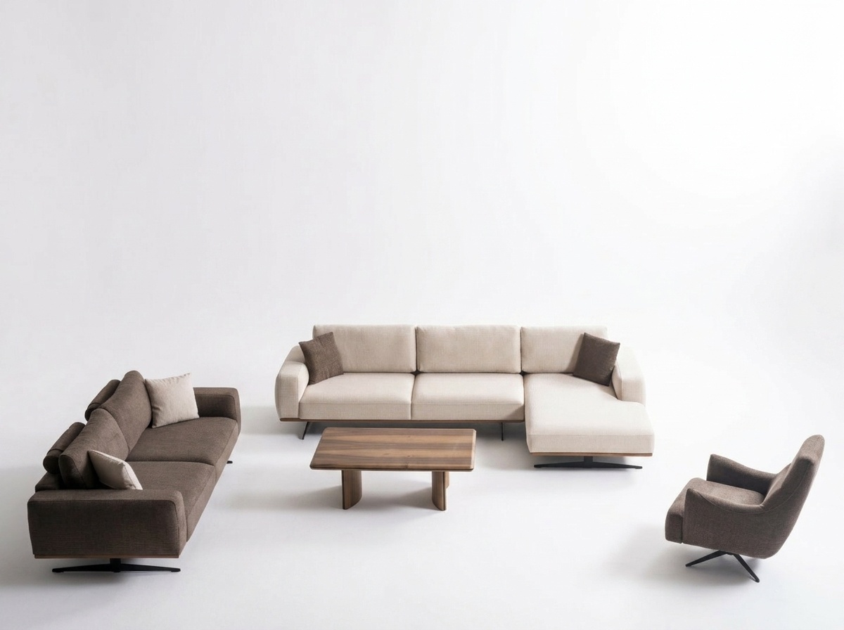 Modernes Wohnzimmer Set aus Holz in Braun mit L-Form, Sofa, Sessel