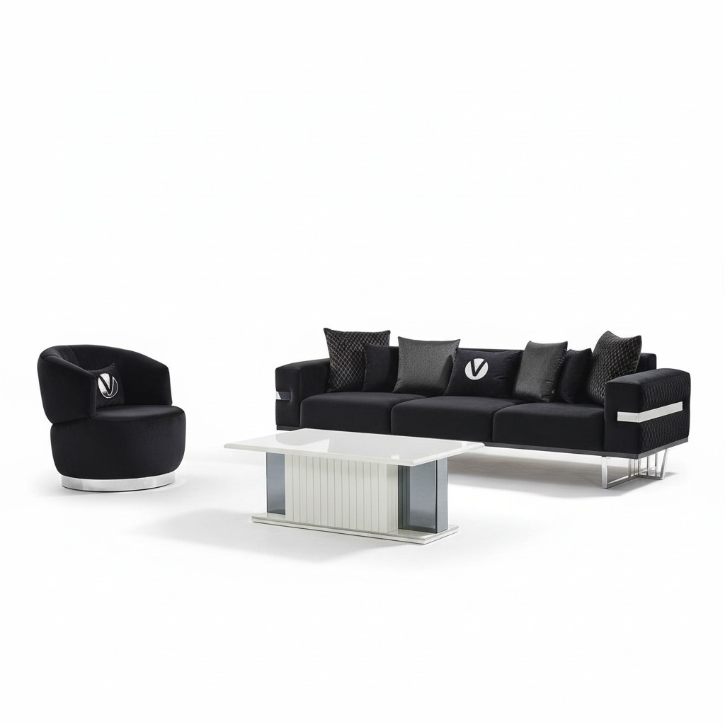 Modernes Wohnzimmer Set Schwarzes Sofa schwarzer Sessel Couchtisch neu