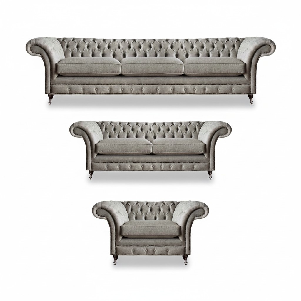 Möbel Sitzmöbel Komplett Set 3tlg Sofas Neu Grau Sessel Wohnzimmer Chesterfield