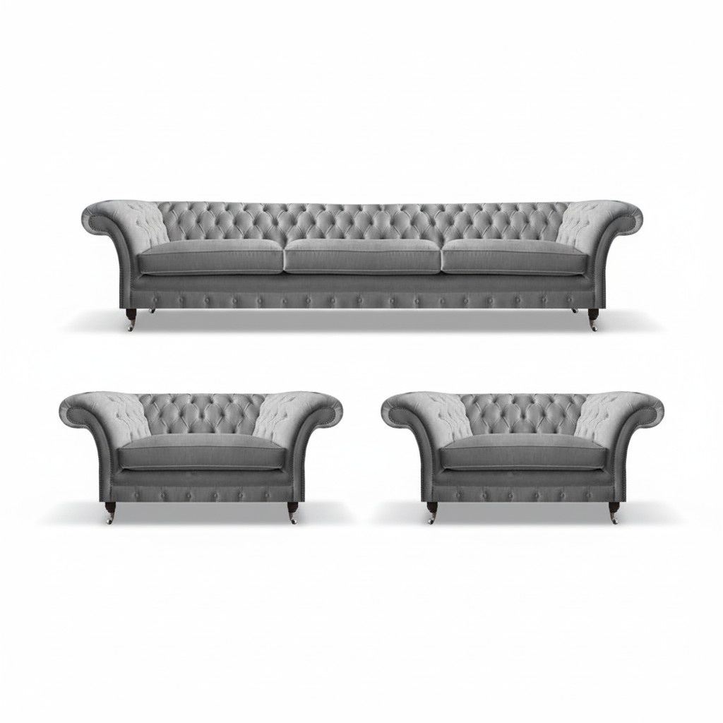 Möbel Sofagarnitur Couch Sofa Polster Couch Set 3tlg Grau Garnitur Chesterfield