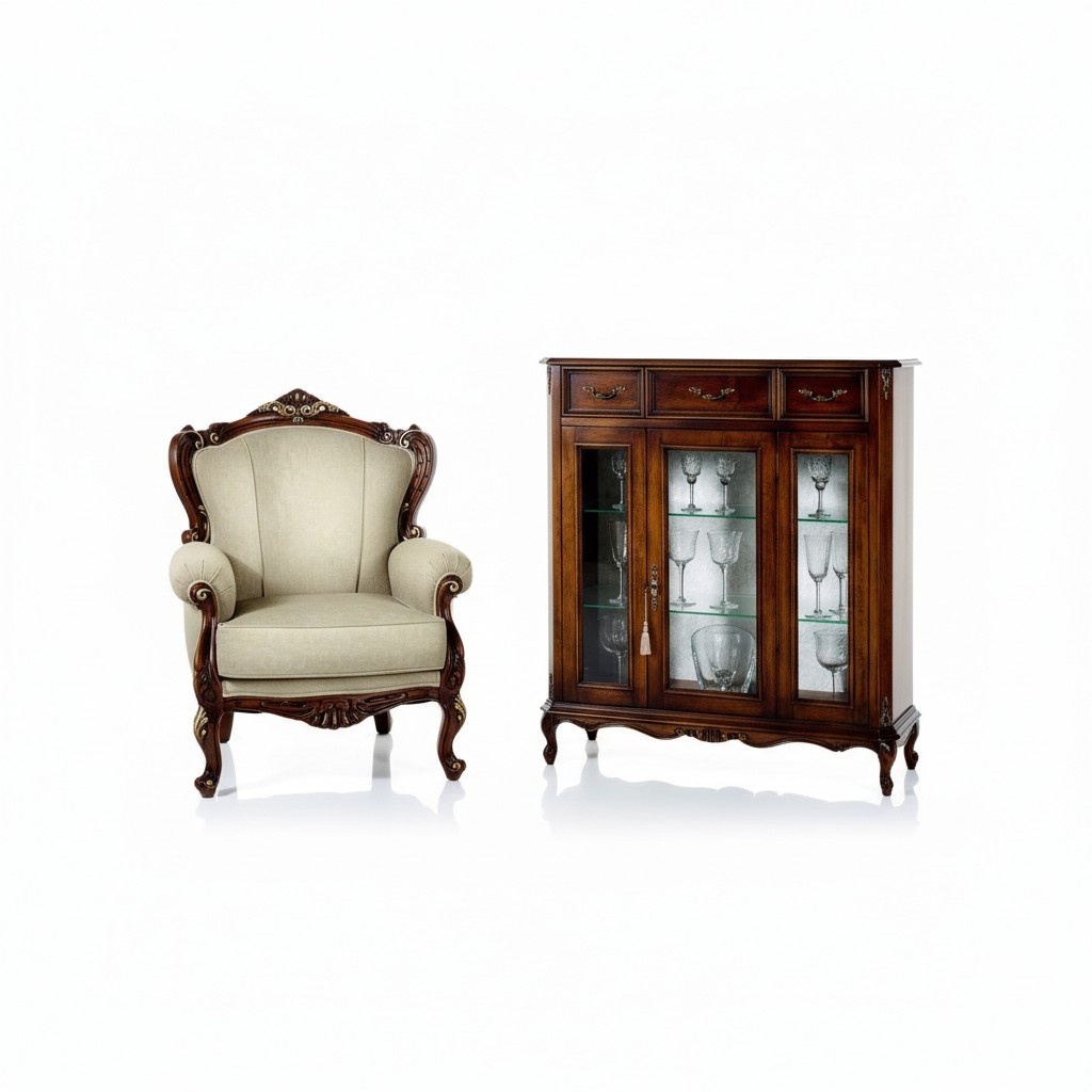 Möbel Stil Barock Holz Kommode Schrank Vitrine Möbel Luxus Sessel Wohnzimmer Neu