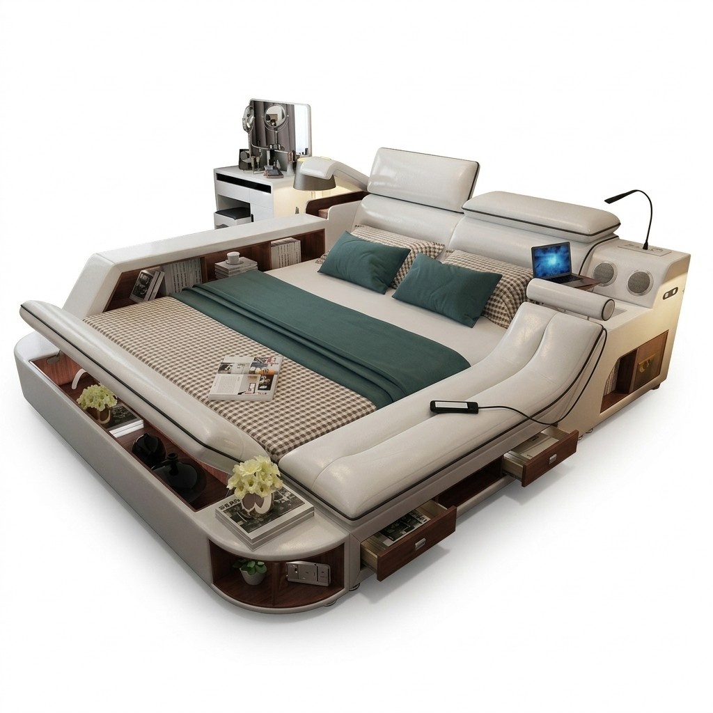 Multifunktion Luxus Bett 180x200 Bett Leder Betten Schlafzimmer Liege Regale Neu