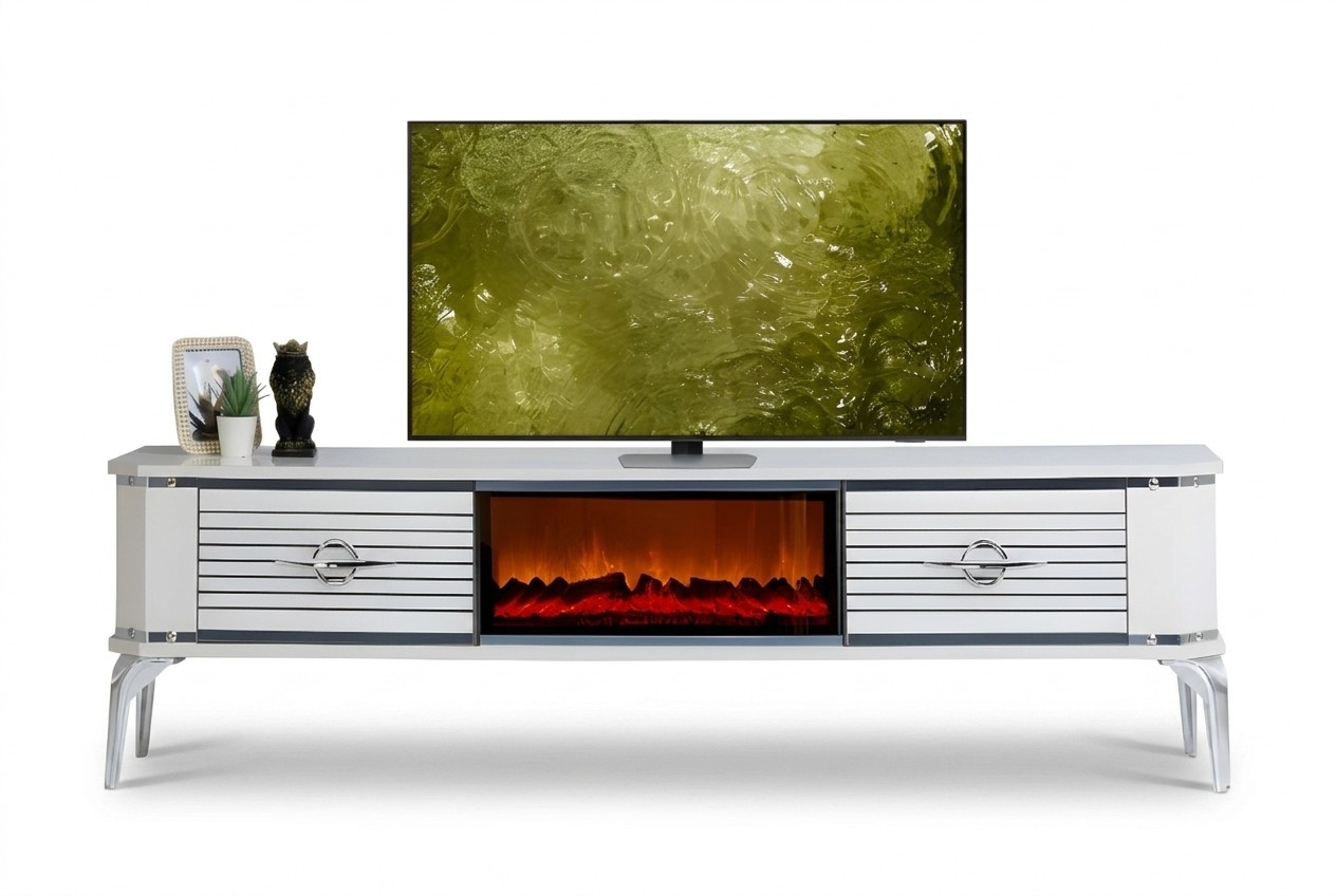 Multifunktionaler TV-Schrank mit Kamin und zwei Schubladen mit Metallgriffen