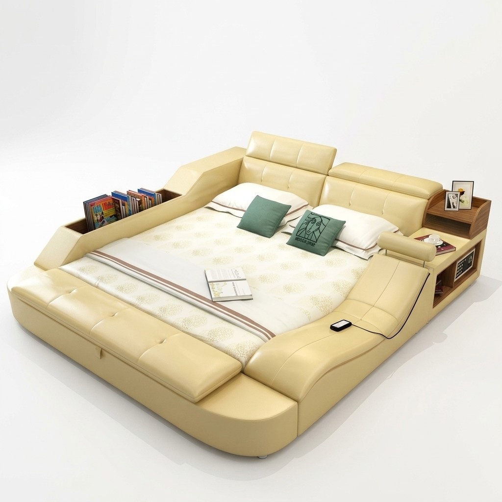 Multifunktions Bett Luxus Design Leder Betten Doppel Regal 180x200cm Save Tresor
