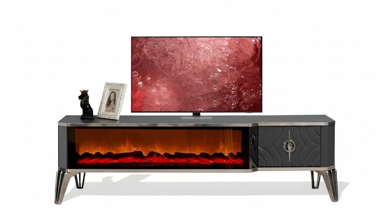 Perfekte TV-Schrank mit LED Kamineffekt, Metallgriff und stabiler Schublade