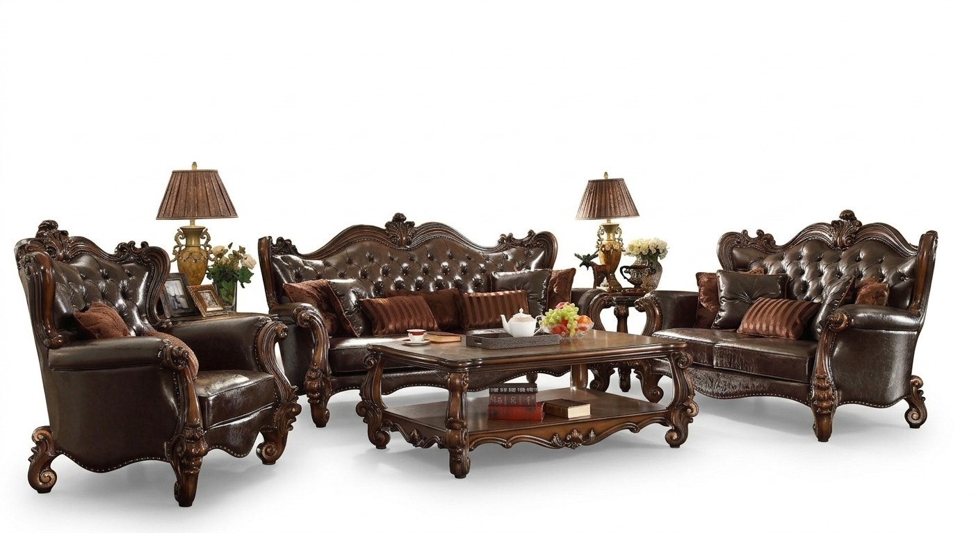 Polster Garnitur Gruppe Holz Geschnitzte Möbel Sofagarnitur 3+2 Sitz Sofa Couch