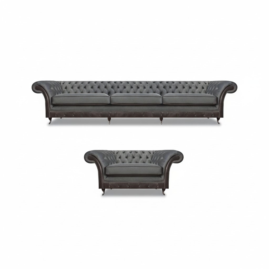 Polstermöbel Sofa Dreisitze Grau Sessel Wohnzimmer Chesterfield Garnitur