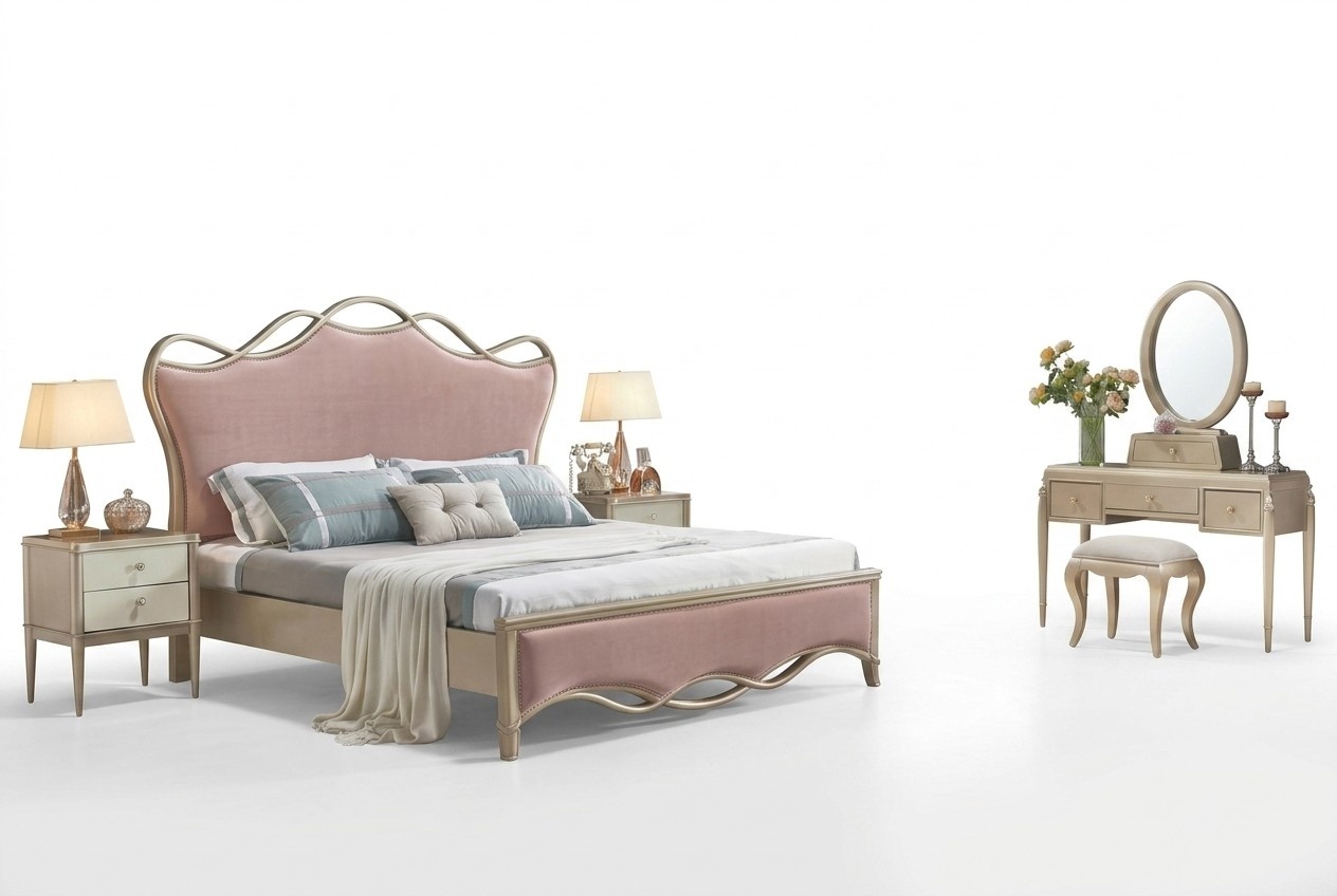 Rosa Bett Doppelbett 2x Nachttisch Klassische Betten Schlafzimmer