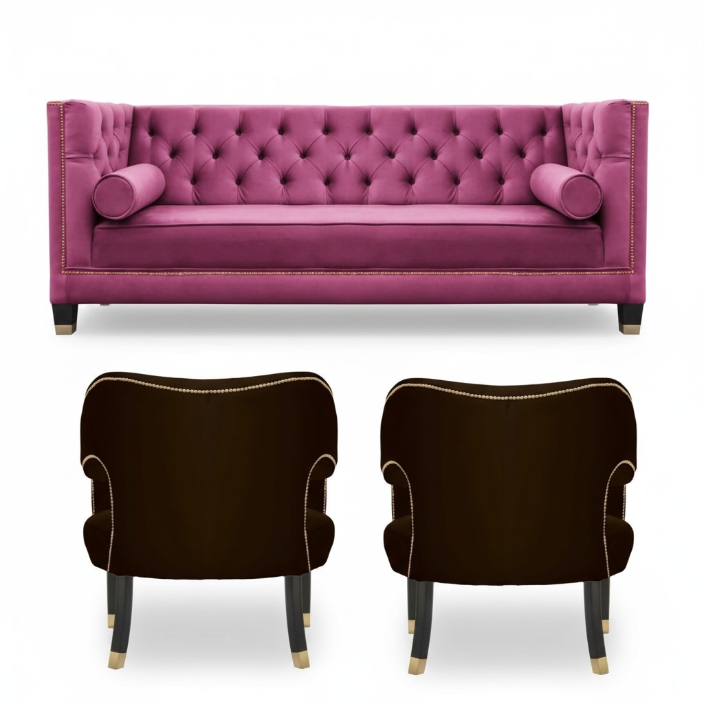 Rosa Chesterfield 2Sessel Schwarz Textil Modern Design Luxus Möbel Sofa Set Neu