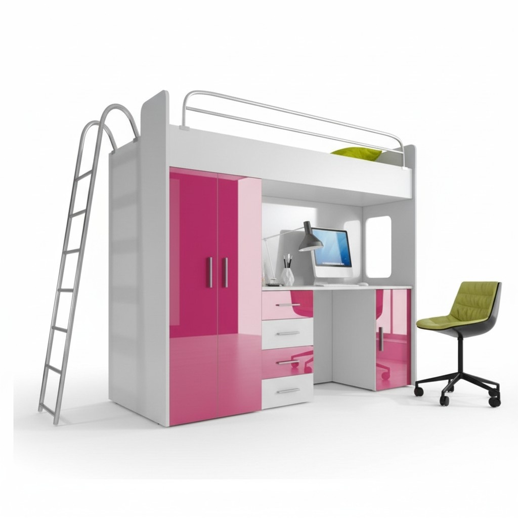 Rosa Doppelstockbett Holz Etagen Bett Mädchen Hochglanz mit Schreibtisch Schrank