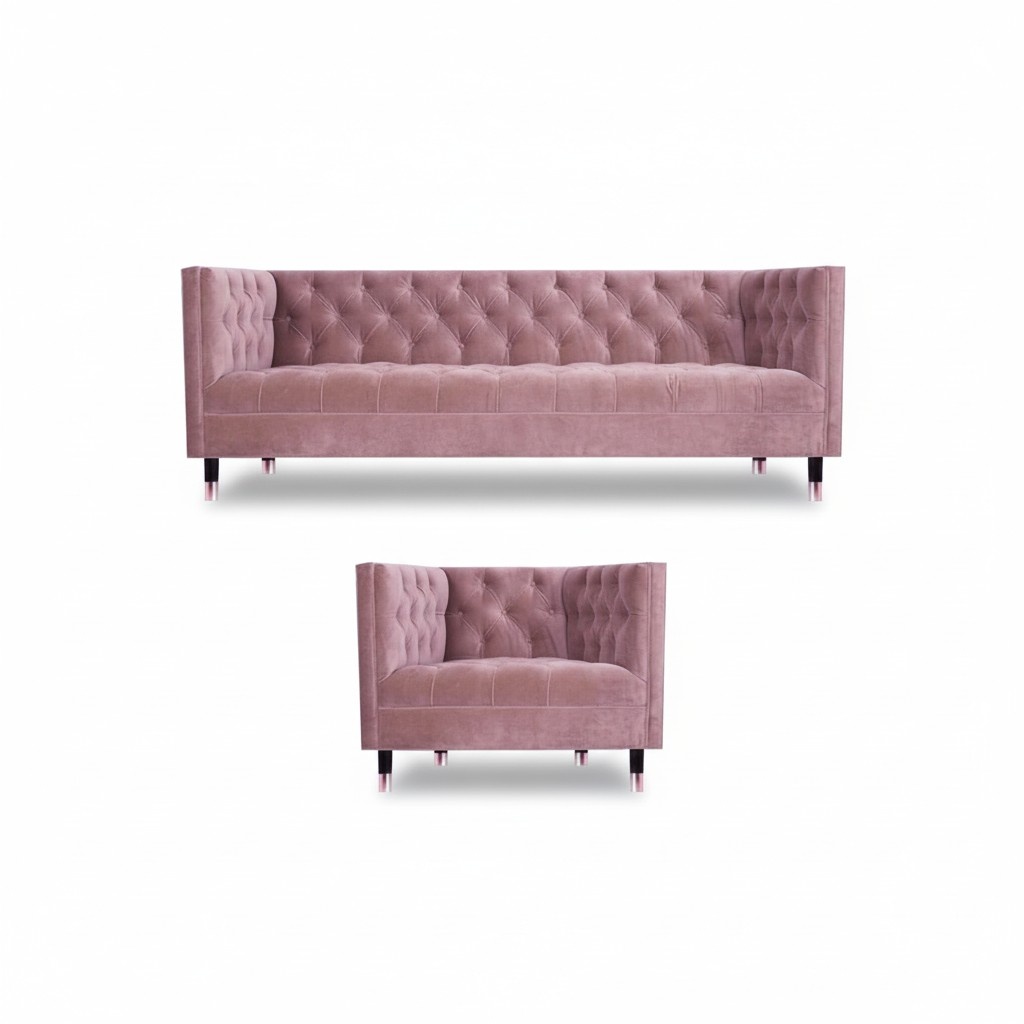 Rosa Komplett Sofa Dreisitze Couch Design Sessel Modern Möbel Chesterfield
