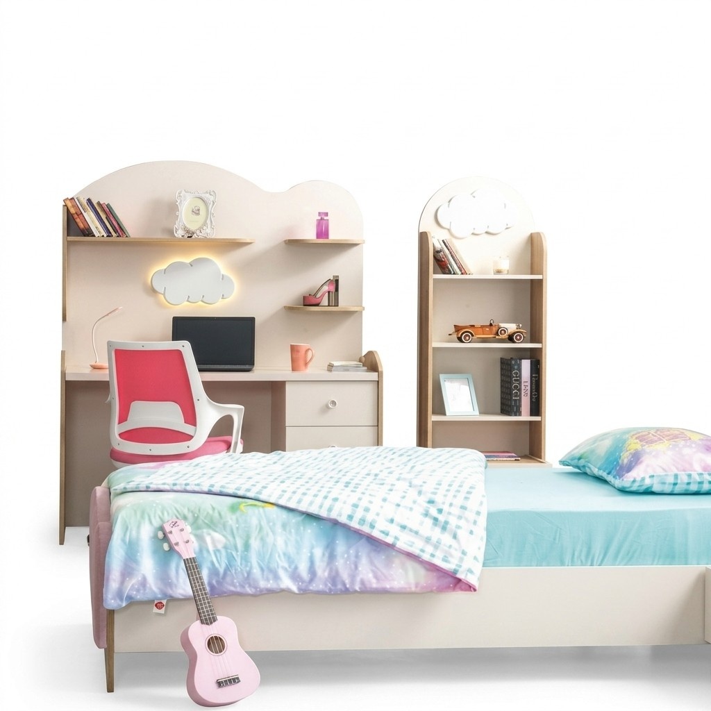 Rosa Möbelset aus Holz für Mädchenzimmer mit Bücherregal