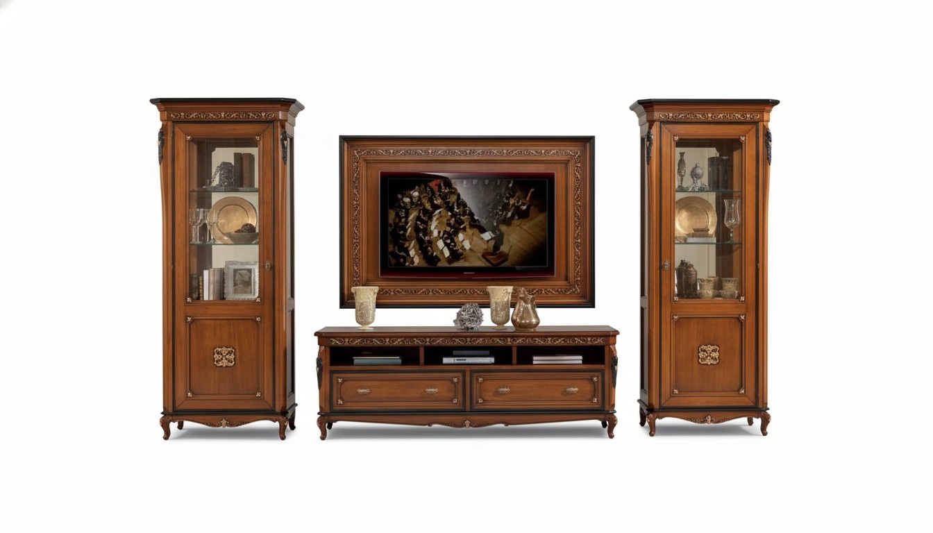 RTV Lowboard Klassische Wohnwand TV-Rahmen Braun Wohnzimmer Set 4tlg