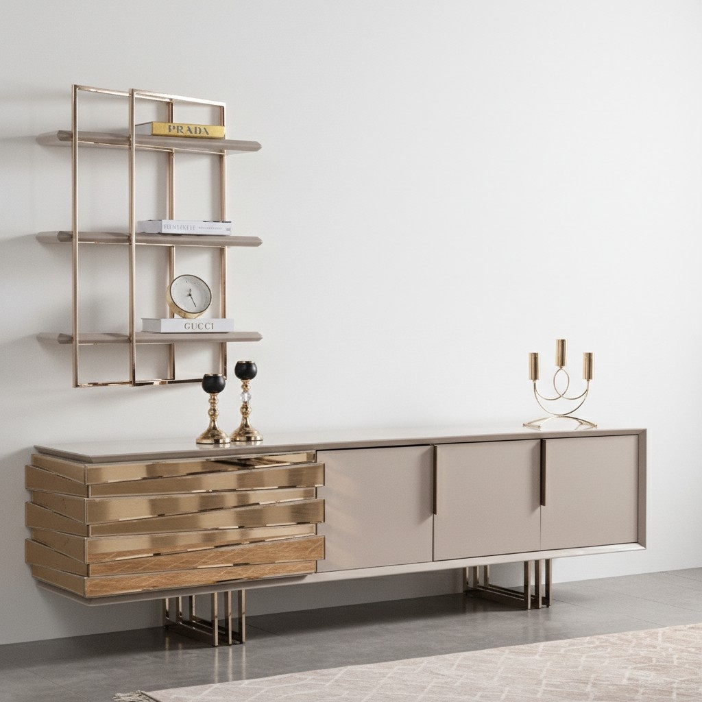 RTV Lowboard TV Ständer Sideboard Beige Gold Wohnzimmer Set Regale Neu