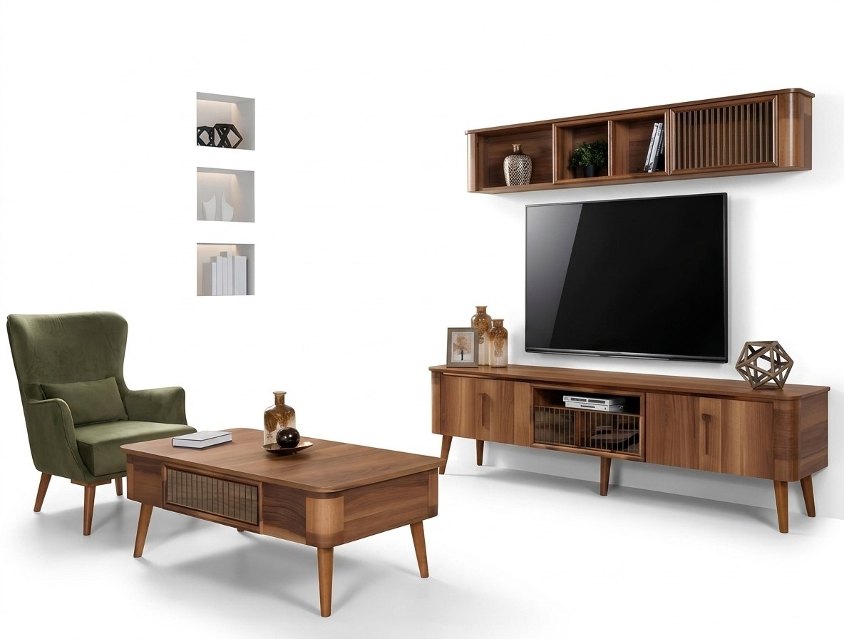 rtv tv Sideboard Leder Holz Tisch Fernseh Schrank Tisch Design Low 2tlg. Set Neu