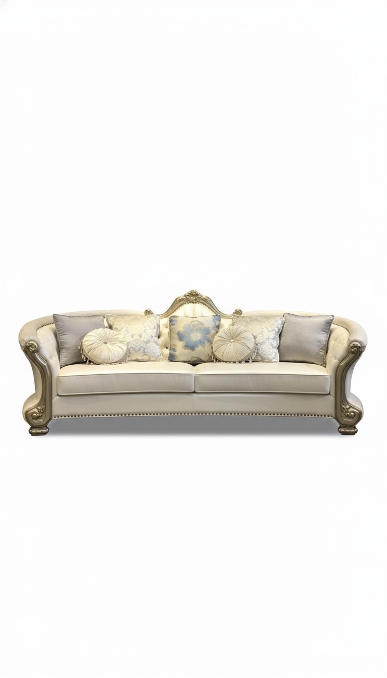 Rund Sofa Holz geschnitzte Viersitzer Couch Leder Chesterfield Wohn Möbel Barock