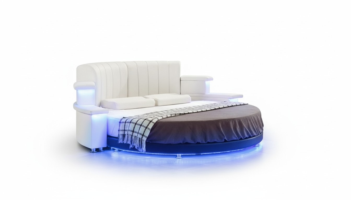 Rundbett mit LED-Beleuchtung Modernes Schlafsofa Beige Design Schlafzimmer