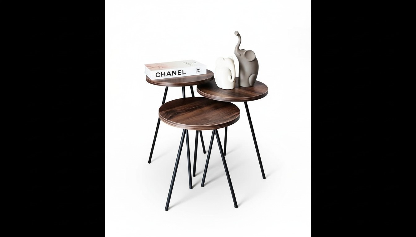 Rundes 3x Couchtische Set braunes Holz Metallbeine Beistelltisch