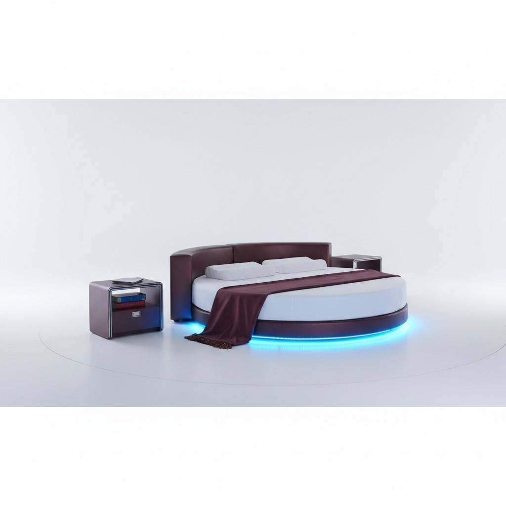 Rundes Bordeaux Bett mit LED-Beleuchtung Modernes Design Schlafsofa Polster
