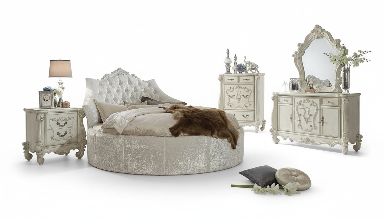 Rundes Samt Bett Chesterfield Luxus Polster Rund Betten Textil Stoff Hotel Neu