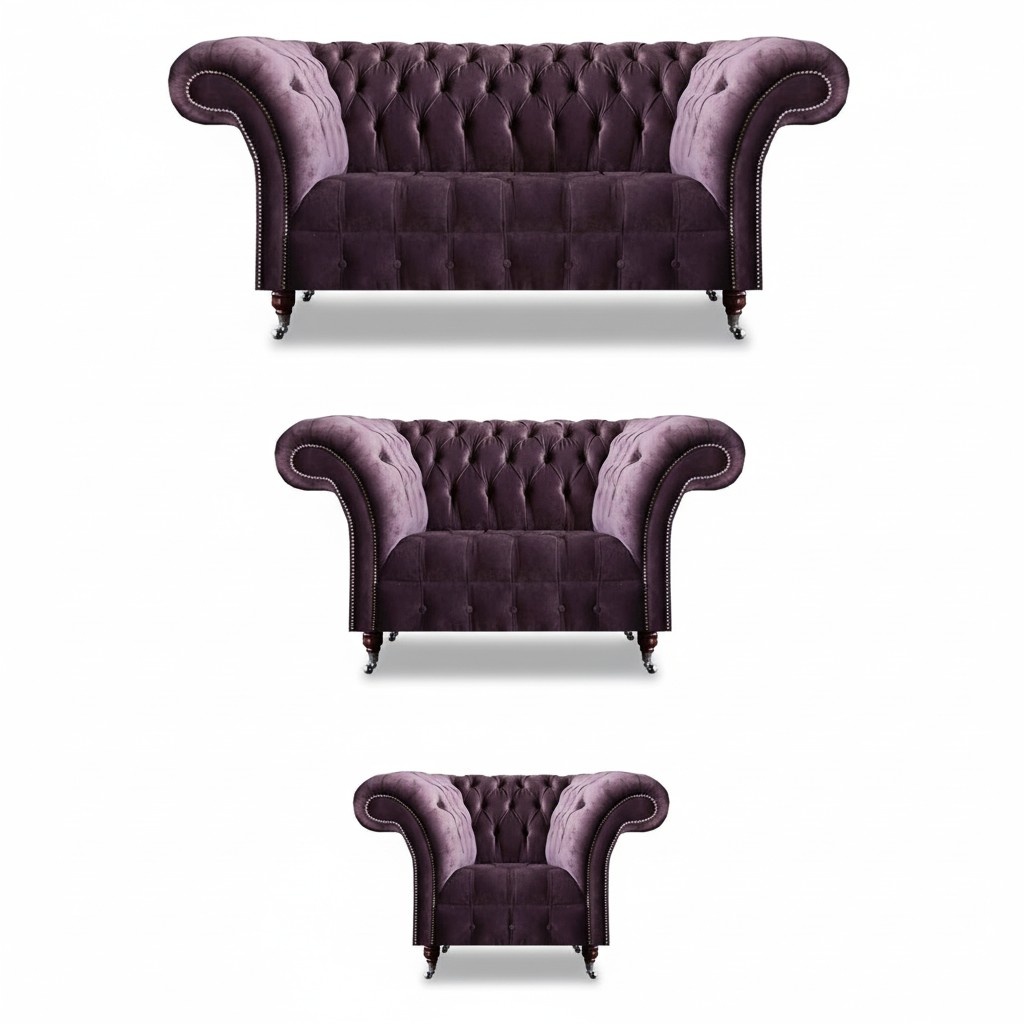 Schicke Chesterfield Lila Sofagarnitur Sitzset 3-Sitzer 2-Sitzer Sessel