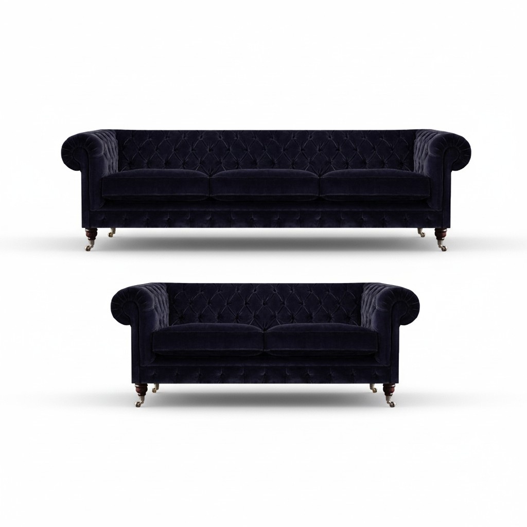 Schicke Dunkelblaue Chesterfield Garnitur Couchgarnitur 2x Edle Sofas