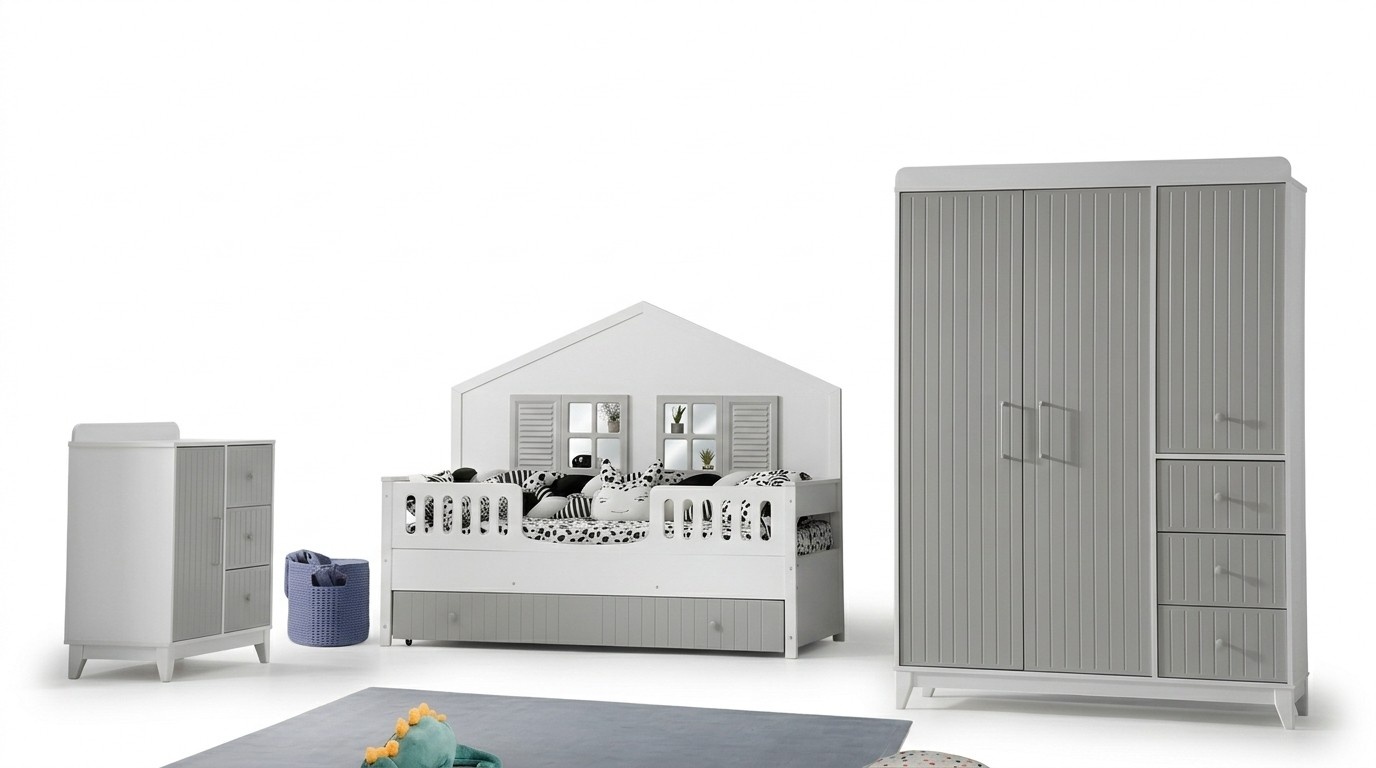 Schickes 3tlg Kinderzimmer-Set: Kommode, Kleiderschrank, Helles Bett