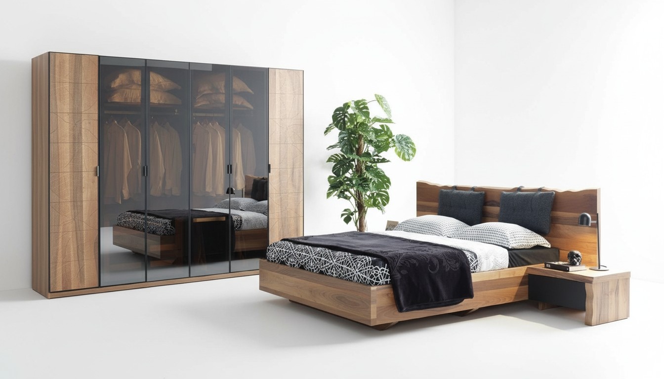 Schlafzimmer Bett 2x Nachttisch Kleiderschrank Garnitur Holz Modern Set