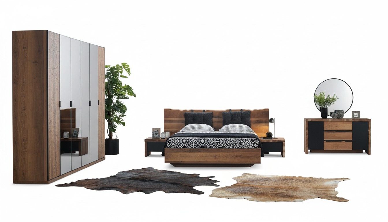 Schlafzimmer Bett 2х Nachttisch Kleiderschrank Kommode Spiegel Set 6tlg