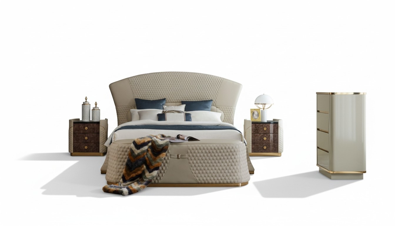 Schlafzimmer Bett Hocker 2x Nachttisch Komplette Sets Leder Möbel Zimmer 4tlg.