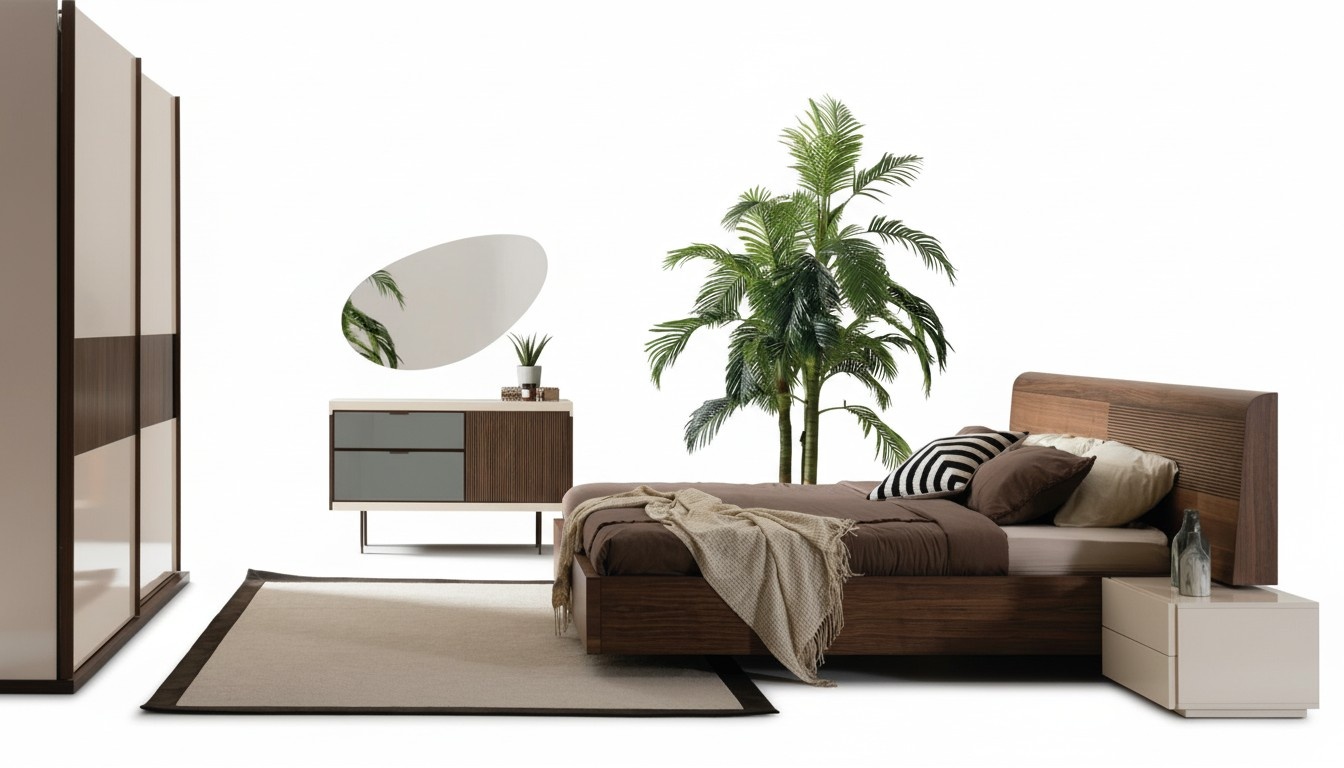 Schlafzimmer Bett Kleiderschrank 2х Nachttische Kommode Spiegel 6tlg Set