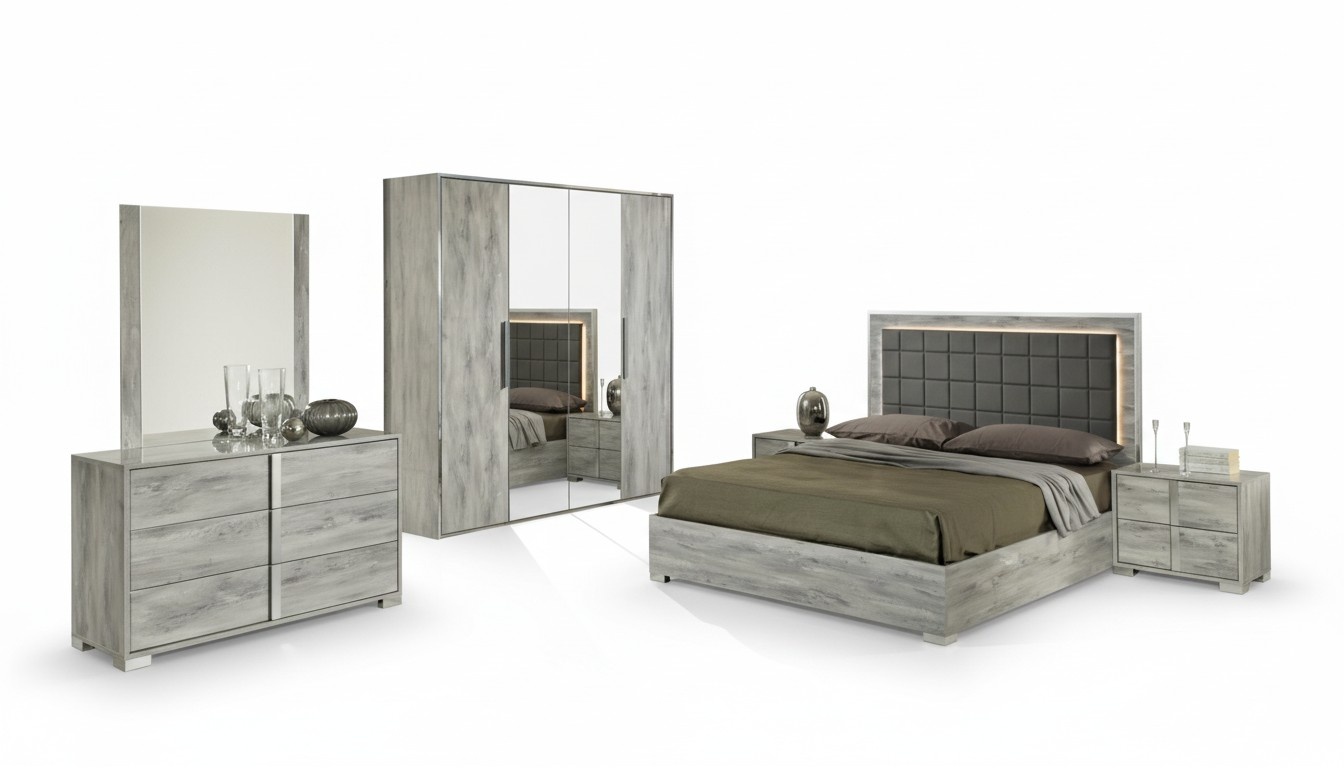 Schlafzimmer Bett Nachttisch Kleiderschrank Kommode Spiegel Doppel Holz Set 6tlg