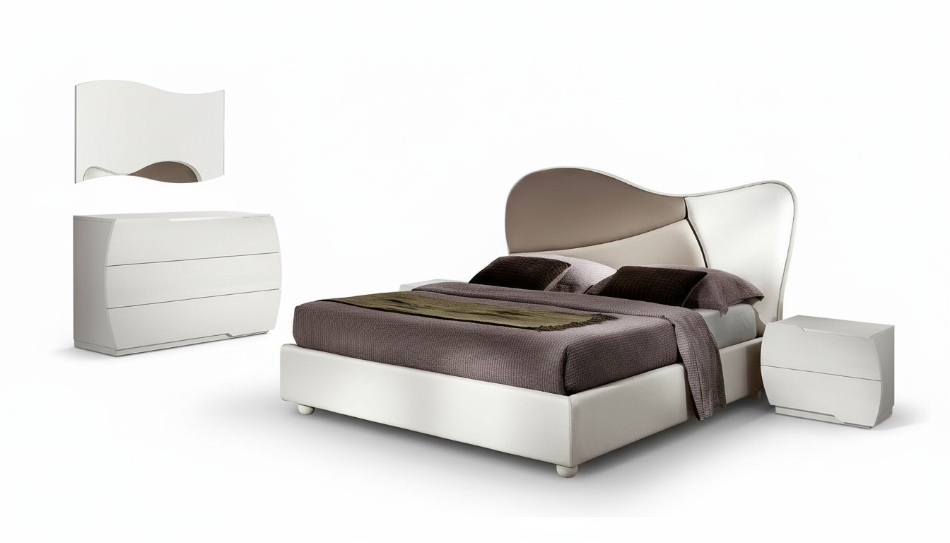 Schlafzimmer Bett Nachttisch Kommode Spiegel Garnitur Weiß Modern Luxus Set 5tlg