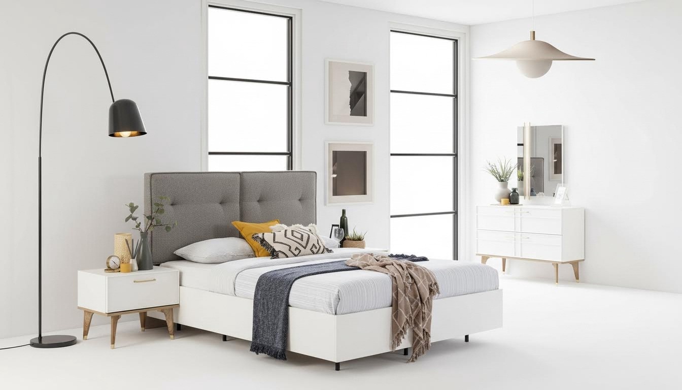 Schlafzimmer Garnitur Doppelbett Komplette Bett Weiß Stoff 3tlg Modern