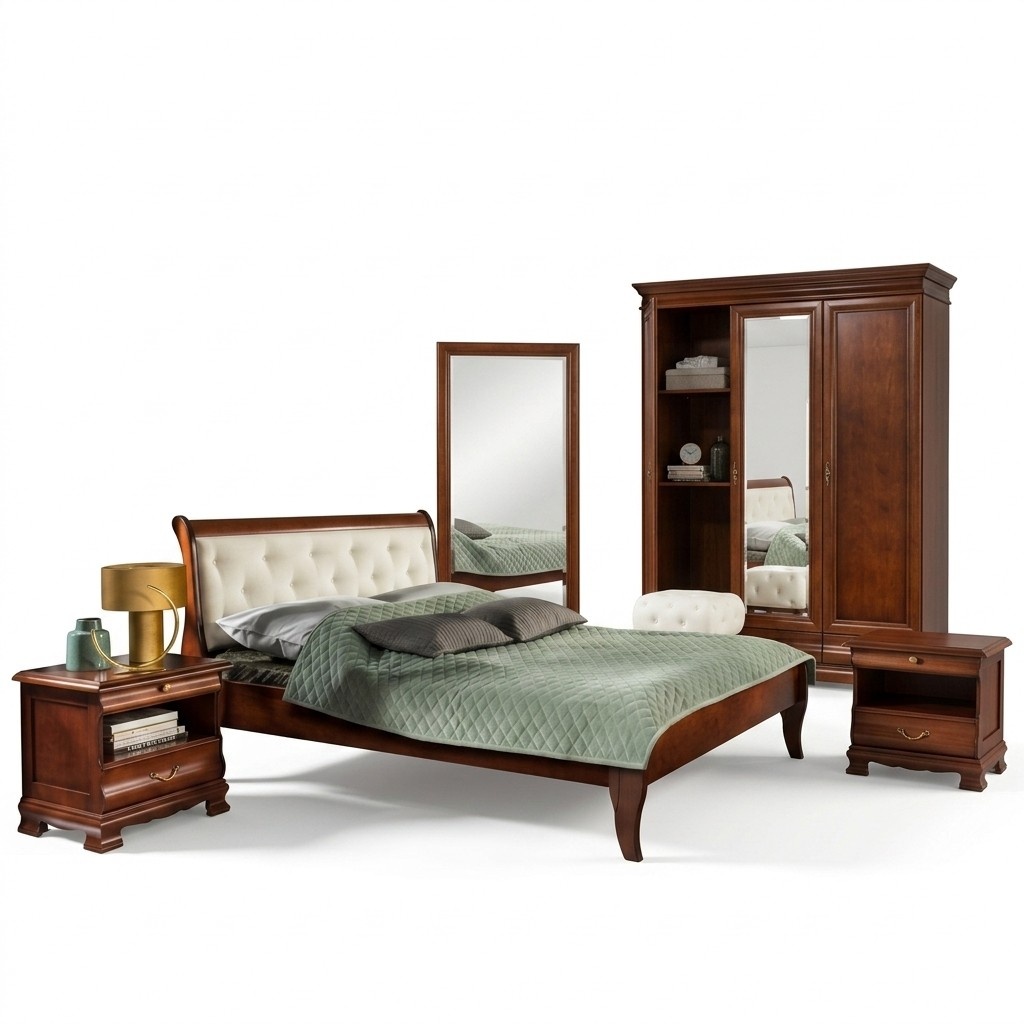 Schlafzimmer Komplett Bett Chesterfield Holzmöbel 2x Nachttische Set 3tlg