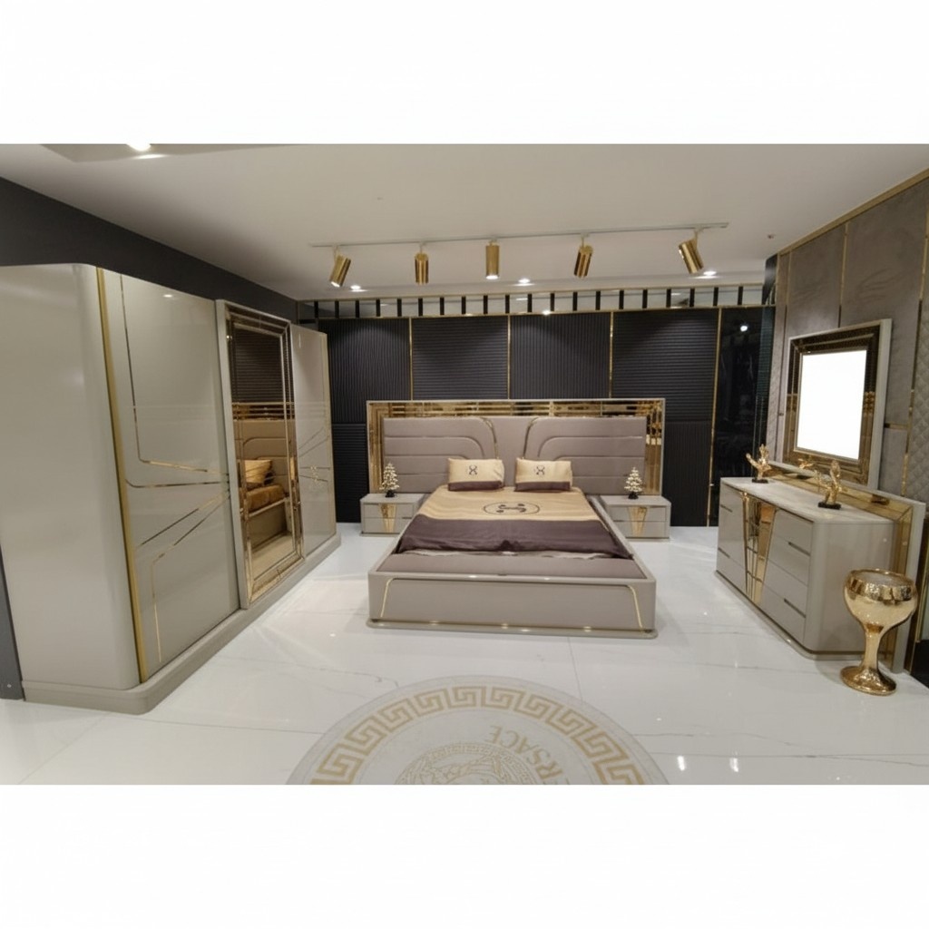 Schlafzimmer Komplettes Bett 2x Nachttische Kleiderschrank Kommode mit Spiegel