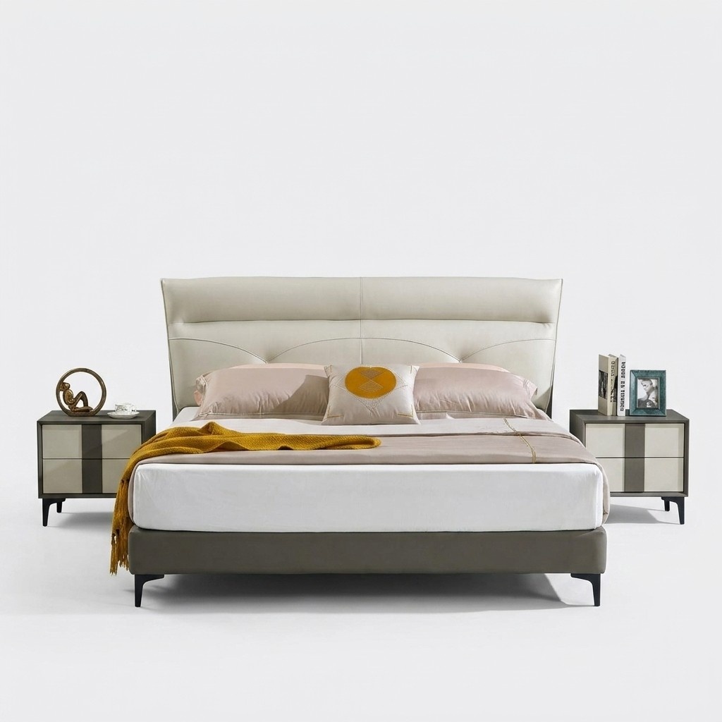 Schlafzimmer Lederbett Komplettes Bett Nachttischen 3 tlg. Garnitur Hotel Sets.