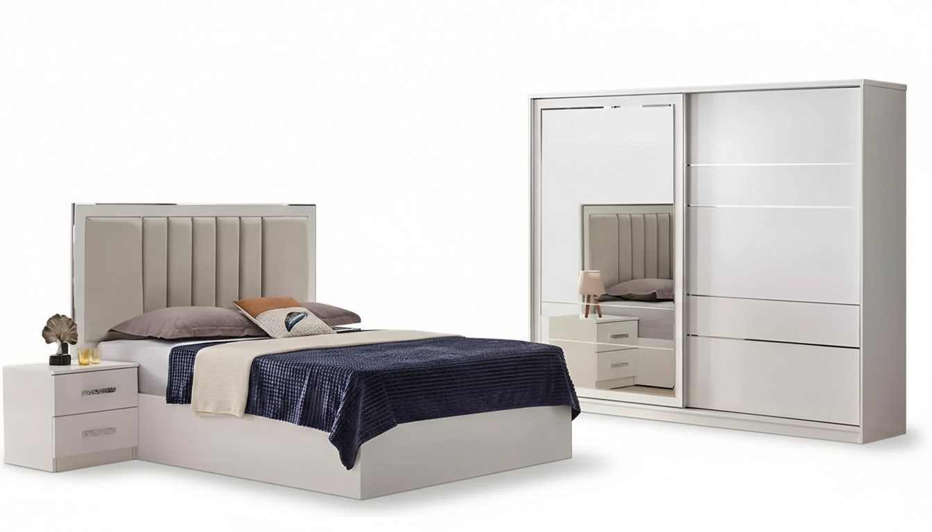 Schlafzimmer Möbel Doppelbett Nachttische Komplette 4tlg Schrank Beige