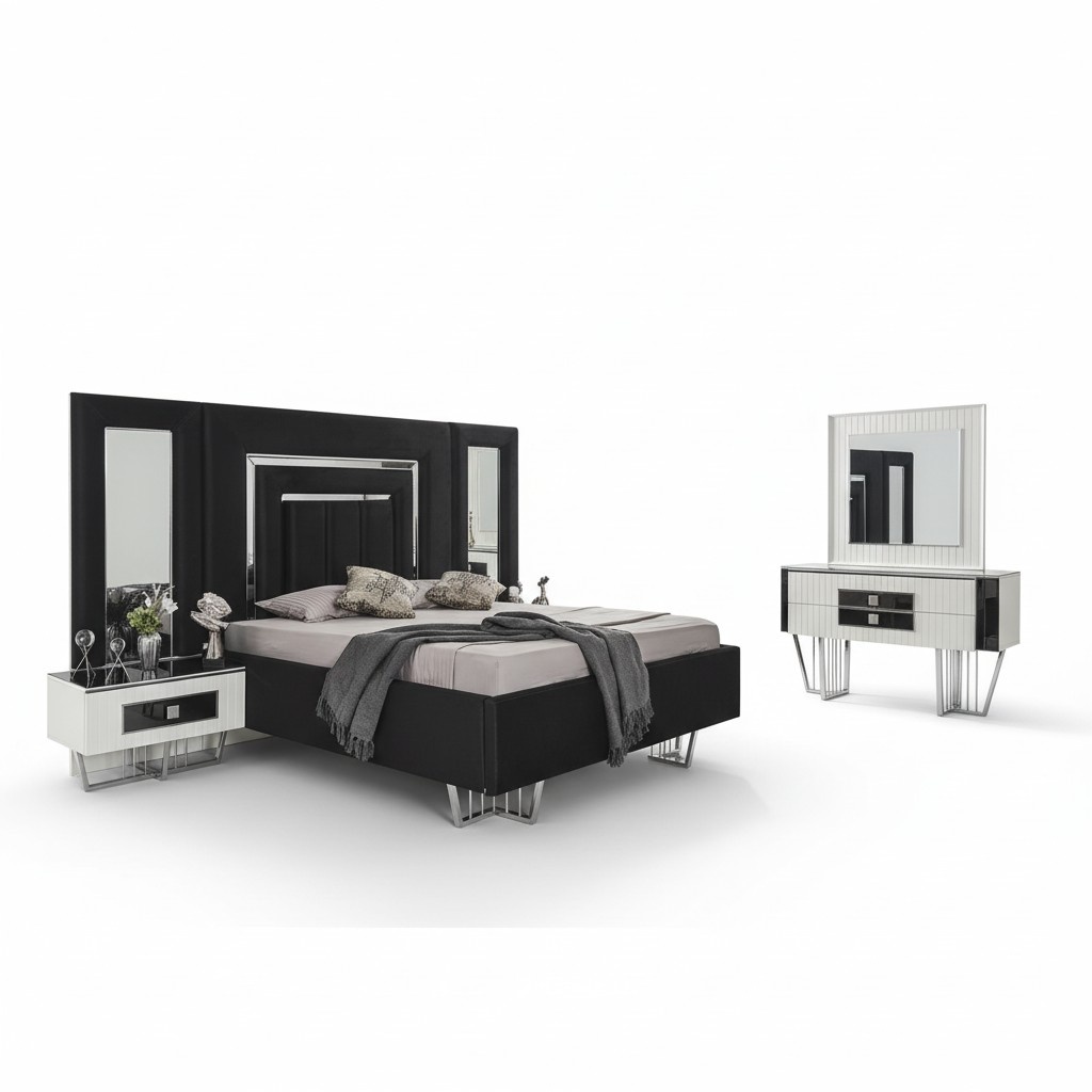 Schlafzimmer Möbel Luxus Bett Textil mit Nachttischen Kommode Spiegel 5tlg.