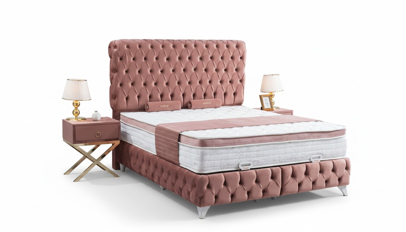 Schlafzimmer Rosa Chesterfield Bett Design Luxus 2x Nachttische 3tlg.