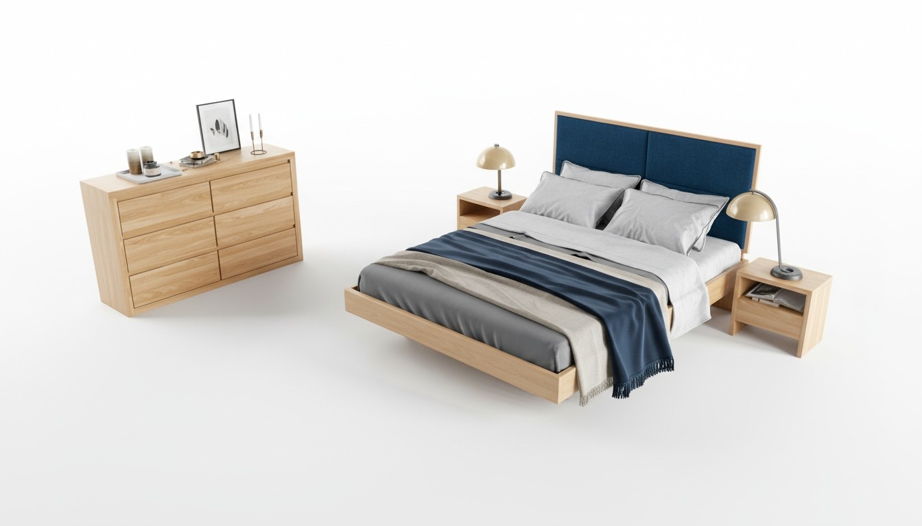 Schlafzimmer Set 4tlg. Set Bett 2x Nachttische Kommode Massiv Holz Garnitur Neu