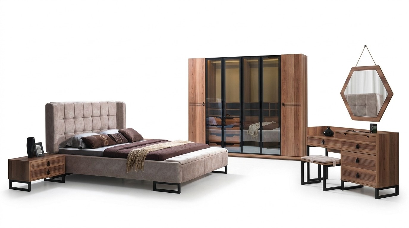 Schlafzimmer Set 5tlg. Luxus Bett 2x Nachttisch Kommode Kleiderschrank