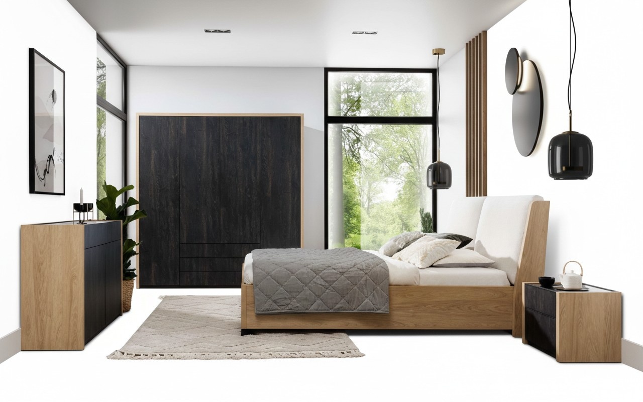 Schlafzimmer Set Beige Bett 2x Nachttische Kommode Kleiderschrank Modern 5tlg