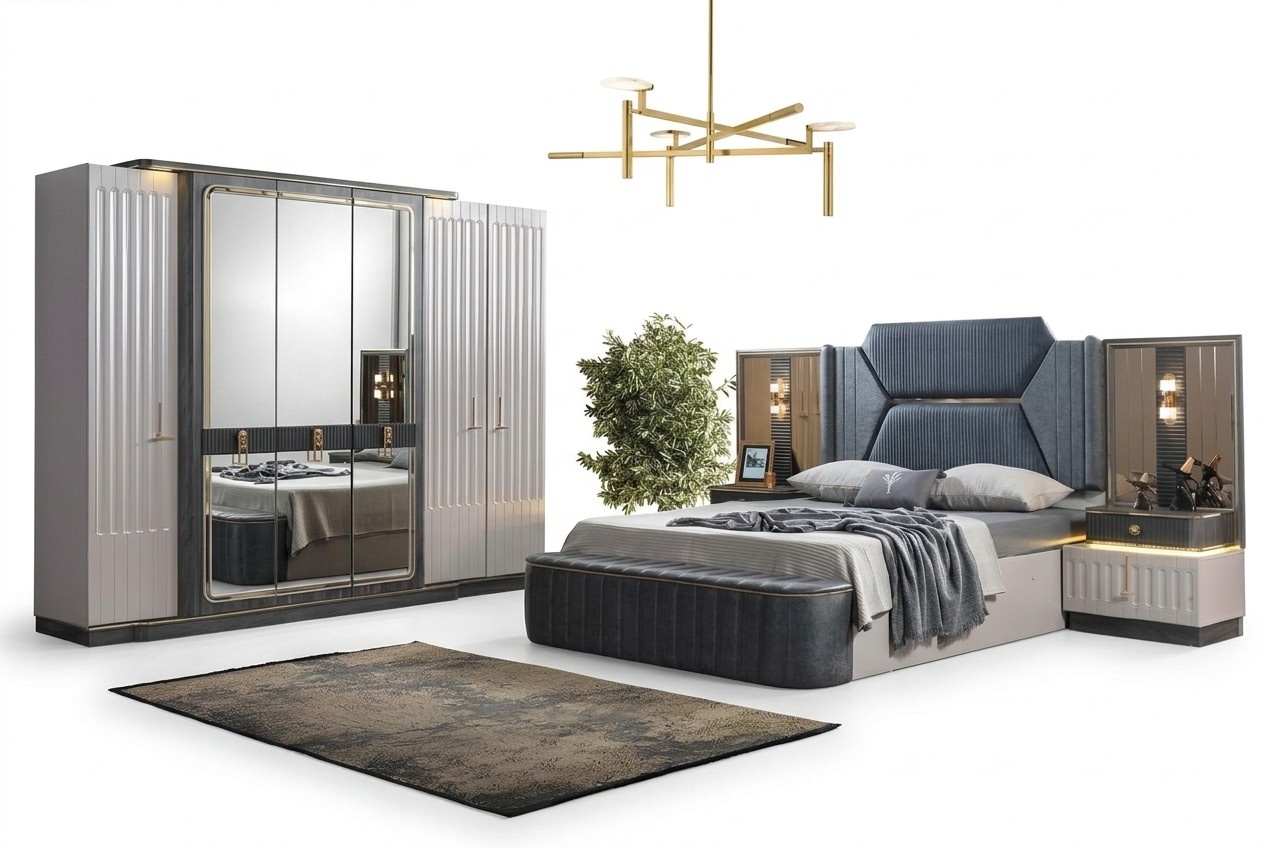 Schlafzimmer Set Bett 2x Nachttische Kleiderschrank 4tlg Design Schrank